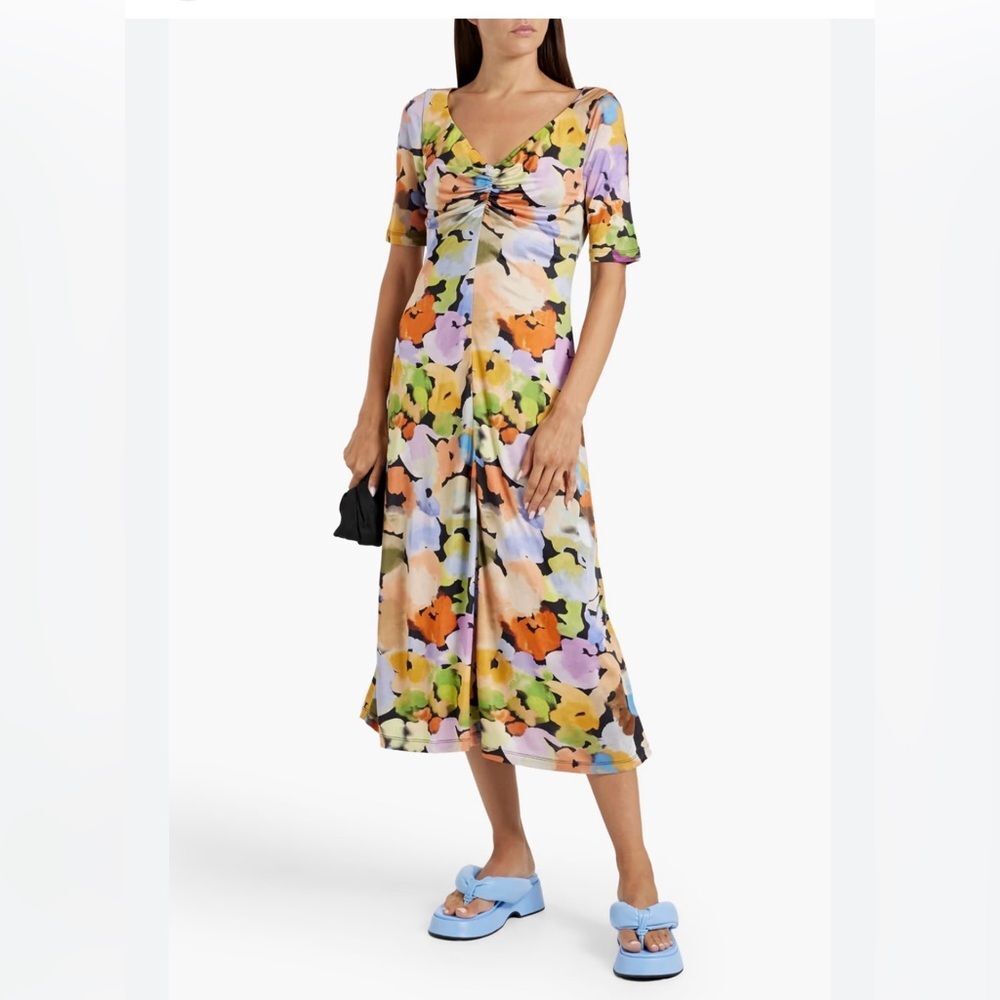 Stine Goya women’s small Jose satin jersey midi dress floral airbrush at night